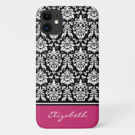 Aangepaste naam Roze Black White Damask iPhone 11 Hoesje