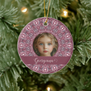 Aangepaste Naam Roze Bloemen Mandala Foto Lijst Keramisch Ornament
