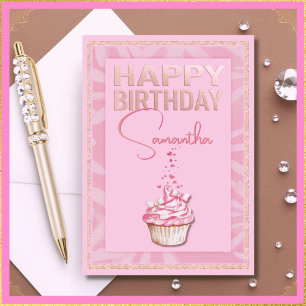 Aangepaste Naam  Roze Cupcake Happy Birthday Kaart