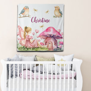 Aangepaste naam Roze Fee Paddenstoelen Achtergrond Wandkleed