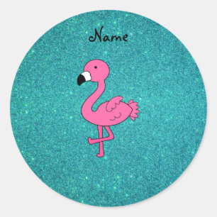 Aangepaste naam roze flamingo turquoise glitter ronde sticker
