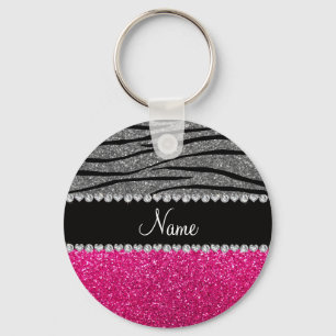 Aangepaste naam roze glitter light grijze zebrastr sleutelhanger