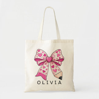 Aangepaste naam Roze Hart Potlood Boog Leraar Cade Tote Bag