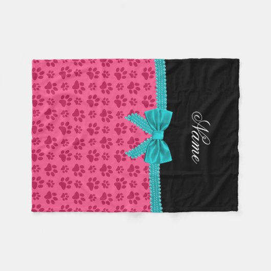 Aangepaste naam roze hond poten turquoise bow fleece deken (Voorkant (Horizontaal))
