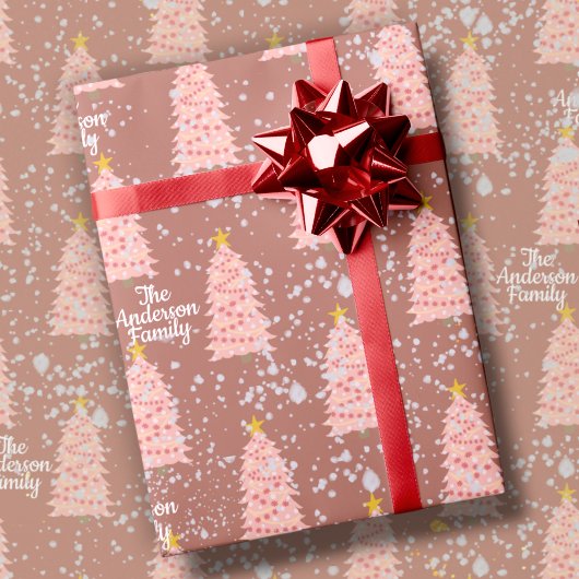 Aangepaste naam Roze kerstbomen op Mauve Modern Cadeaupapier