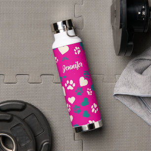 Aangepaste Naam Roze met Blauwgroen & Cream Paw Pr Waterfles