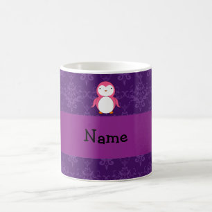 Aangepaste naam roze pinguïn paars damask koffiemok