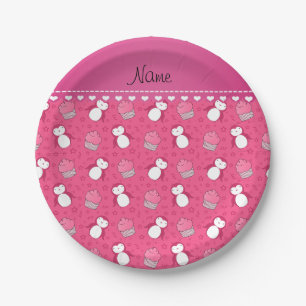 Aangepaste naam roze pinguïns cupcakes sterren papieren bordje