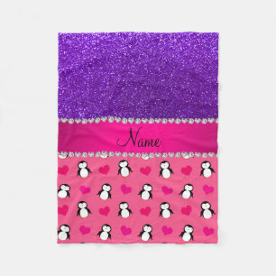 Aangepaste naam roze pinguïns indigo paarse glitt fleece deken