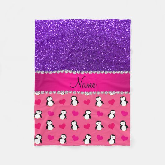 Aangepaste naam roze pinguïns indigo paarse glitte fleece deken (Voorkant)