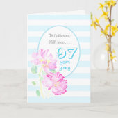 Aangepaste Naam Roze Rozen en Strepen 97ste Verjaa Kaart (Gele Bloem)