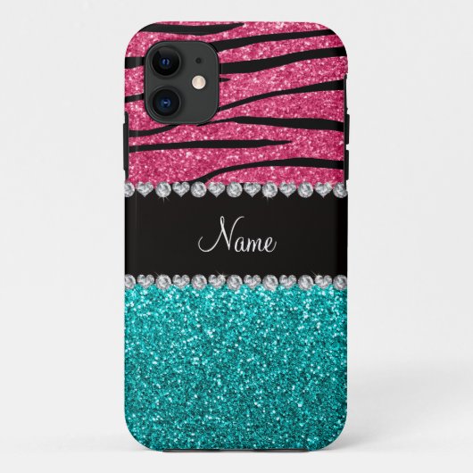 Aangepaste naam roze zebra turquoise glitter Case-Mate iPhone case (Achterkant)
