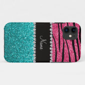 Aangepaste naam roze zebra turquoise glitter Case-Mate iPhone case (Achterkant (horizontaal))