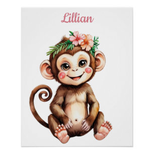 Aangepaste Naam Safari Meisje Kwekerij Baby Aap Perfect Poster