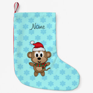 Aangepaste naam santa aap lichte blauwe sneeuwvlok kleine kerstsok