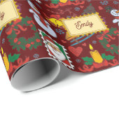 Aangepaste naam Santa Snowman Holiday Red Christma Cadeaupapier (Rol Hoek)