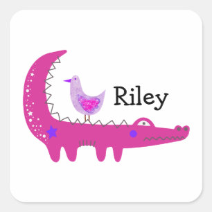 Aangepaste naam Schattige hete roze alligator en m Vierkante Sticker