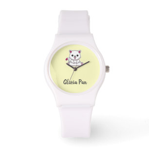 Aangepaste naam schattige witte kat op geel horloge