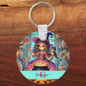 Aangepaste naam Schattigee grillige heks Halloween Sleutelhanger (Achterkant)