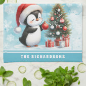 Aangepaste Naam Schattigee Pinguïn Snowy Blue Chri Theedoek (Gevouwen)