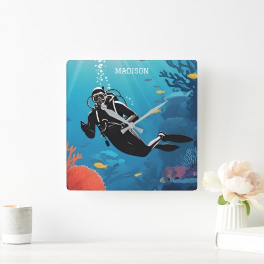 Aangepaste naam Scuba Diver Vierkante Klok (Huis)