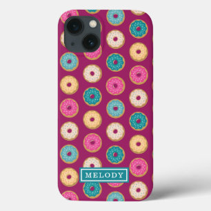 Aangepaste naam Sjabloon Paarse Doughnut Pattern iPhone 13 Hoesje