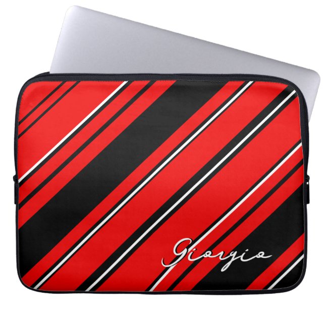 Aangepaste naam Sjabloon, zwart, rood en wit gestr Laptop Sleeve (Voorkant)