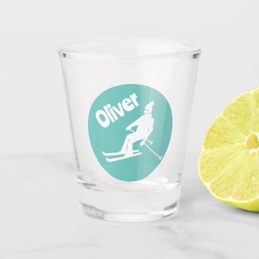 Aangepaste naam Ski Retro Skier Winter Blauwgroen Shot Glas (Voorkant)