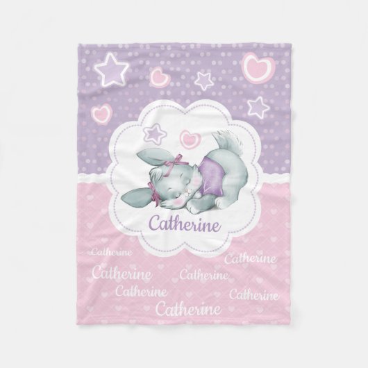 Aangepaste naam Sleeping Bunny in roze en paars Fleece Deken (Voorkant)