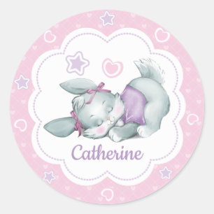 Aangepaste naam Sleeping Bunny in roze en paars Ronde Sticker