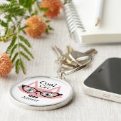Aangepaste naam Sleutelhanger roze retro kat (Zijkant)