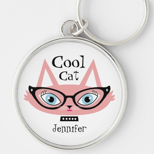 Aangepaste naam Sleutelhanger roze retro kat (Voorkant)