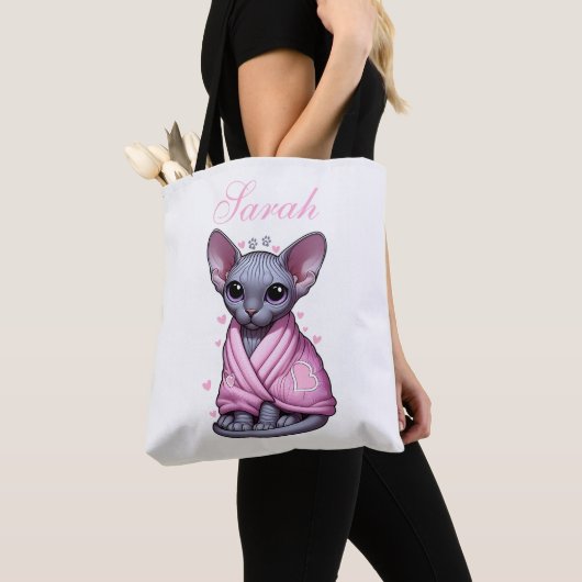 Aangepaste Naam Sphynx Cat Canvas tas Roze Deken (Dichtbij)