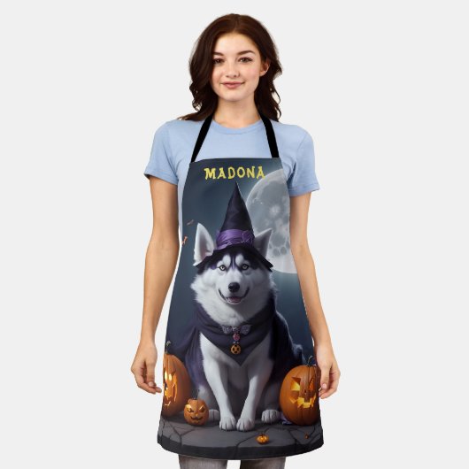 aangepaste naam Spooky Husky Dog Halloween Schort (Gedragen)
