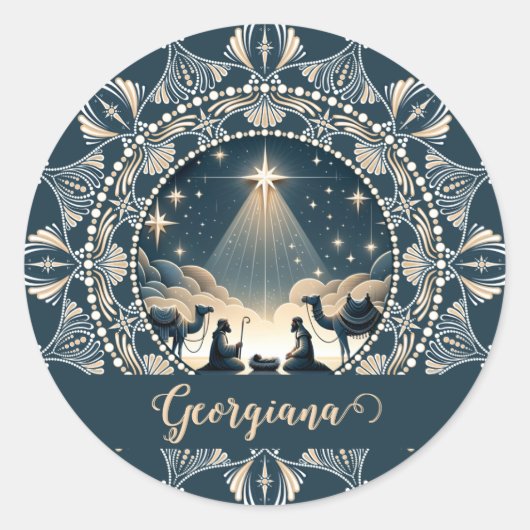 Aangepaste naam Star of Wonder Nativity Dot Mandal Ronde Sticker (Voorkant)