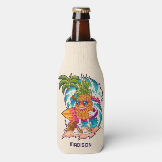 Aangepaste naam Surfende ananas Flesjeskoeler (Fles Voorkant)