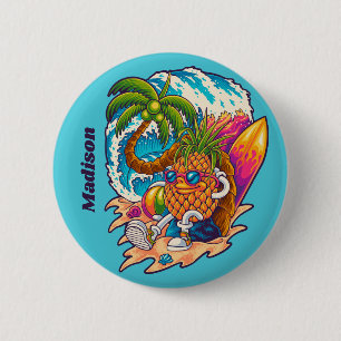 Aangepaste naam Surfende ananas Ronde Button 5,7 Cm