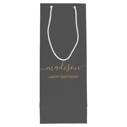Aangepaste naam tekst groet chic goud script grijs wijn cadeautas (Achterkant)