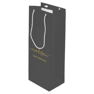 Aangepaste naam tekst groet chic goud script grijs wijn cadeautas