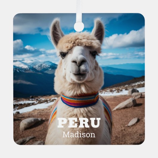 Aangepaste Naam & Tekst Peru Llama Metalen Ornament (Voorkant)