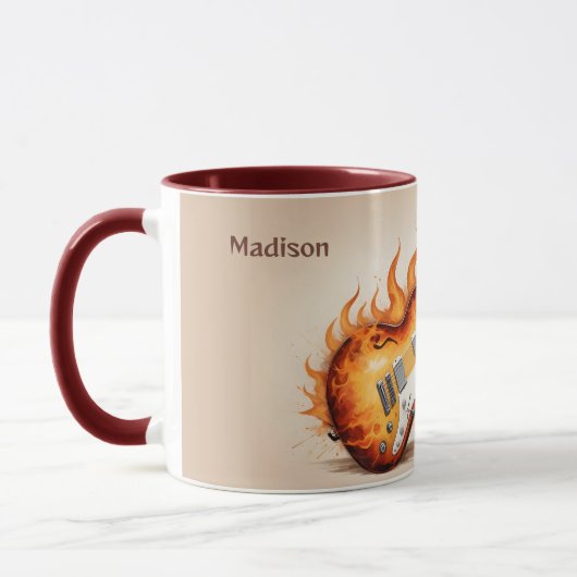 Aangepaste naam & tekst vlammende gitaar mok (Links)