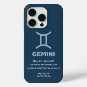 Aangepaste naam / tekst Zodiac Sign Tweelingen iPhone 15 Pro Case