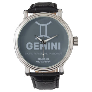 Aangepaste naam / tekst Zodiac Sign Tweelingen Horloge