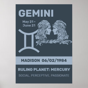 Aangepaste naam / tekst Zodiac Sign Tweelingen Poster