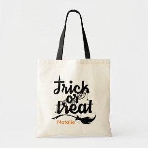 Aangepaste naam Tick of Treat Spider Web Broom Bag Tote Bag