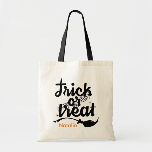 Aangepaste naam Tick of Treat Spider Web Broom Bag Tote Bag (Voorkant)
