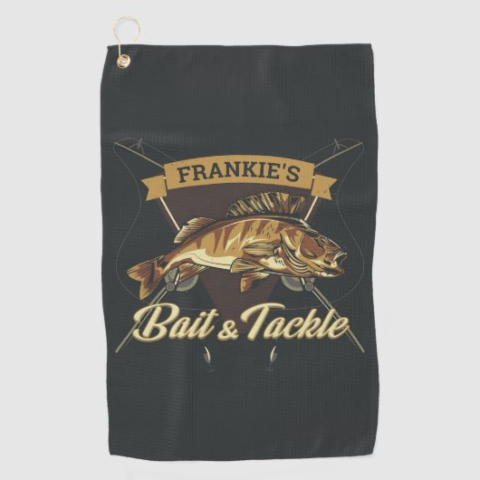 Aangepaste NAAM Trophy Vist Angler Bait Tackshop Golfhanddoek (Voorkant)