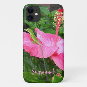 Aangepaste naam Tropisch Roze Hibiscus Anole Lizar iPhone 11 Hoesje