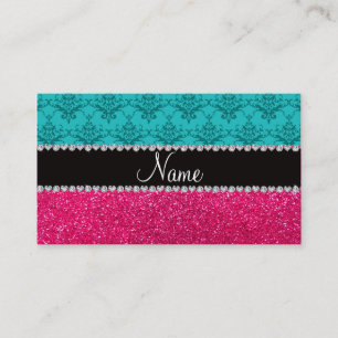 Aangepaste naam turquoise damask roze glitter contactkaartje