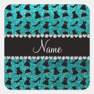 Aangepaste naam turquoise glitter hoge hakken jurk vierkante sticker